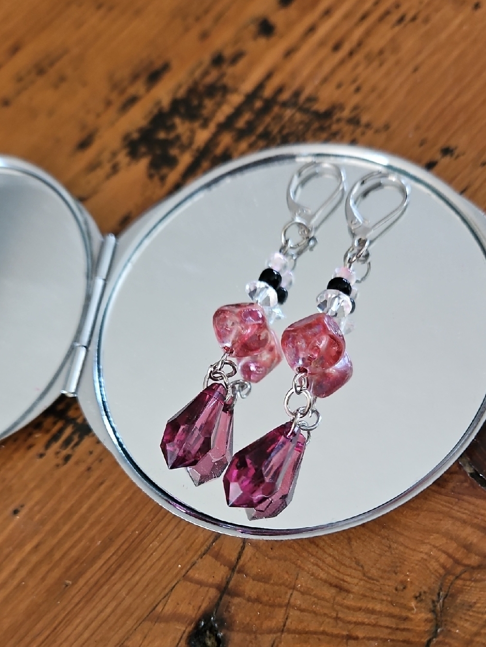Hand Crafted Silver Lever Back Pink/Clear Crystal Drop Earrings